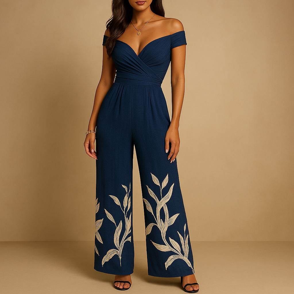 Elegant floral off-shoulder jumpsuit for women with blue and red flower print, perfect for weddings, parties, and summer events.