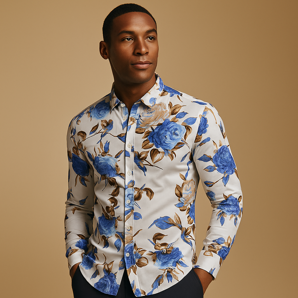 Men’s floral print shirt with breathable fabric, available in black, blue, and red. Stylish and versatile for parties, work, or casual days.