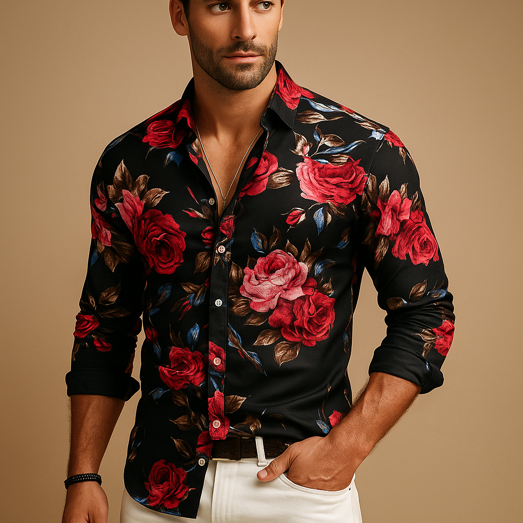 Men’s floral print shirt with breathable fabric, available in black, blue, and red. Stylish and versatile for parties, work, or casual days.