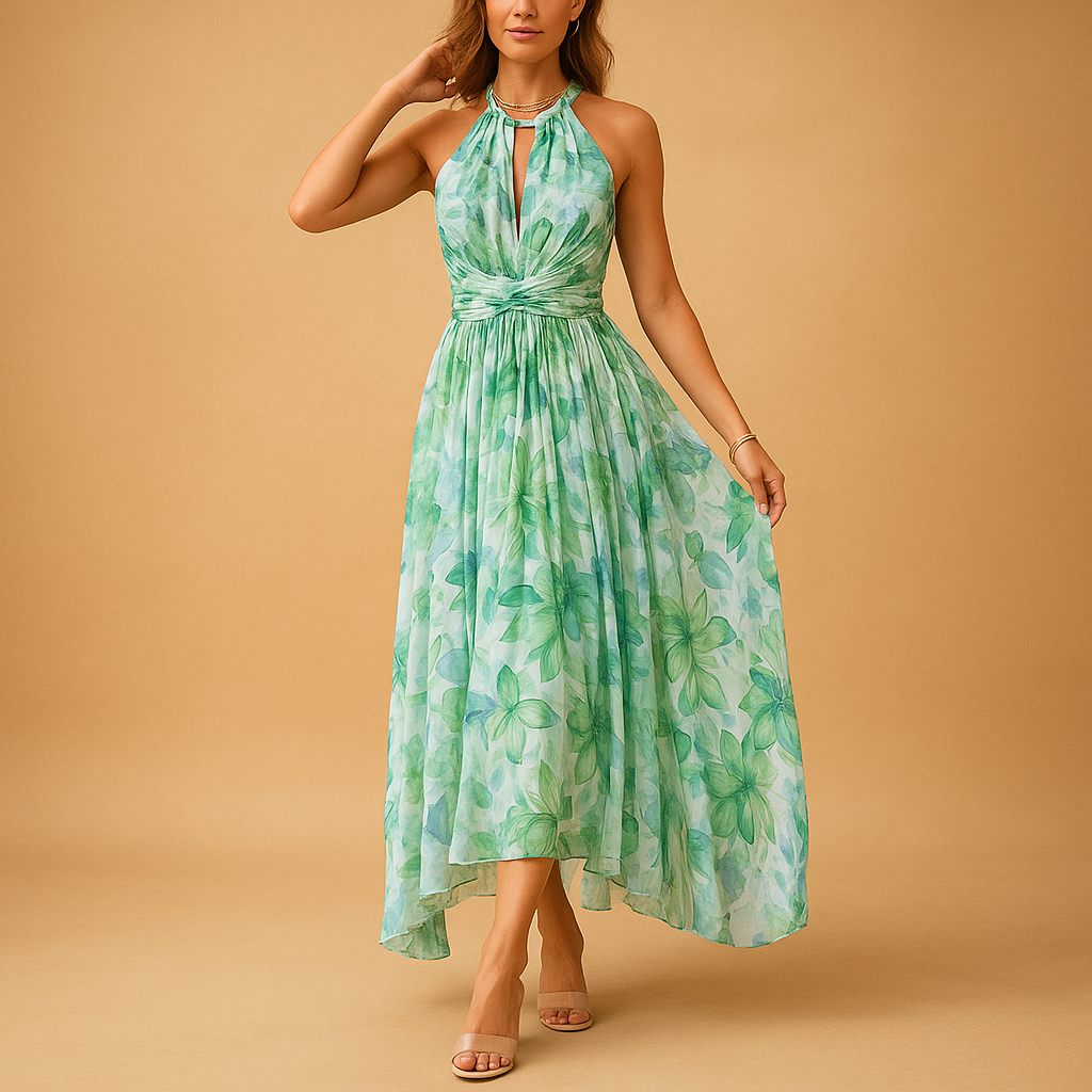 Women’s floral sleeveless maxi dress with a high waist and O-neck design, ideal for summer vacations, garden parties, and casual warm days.