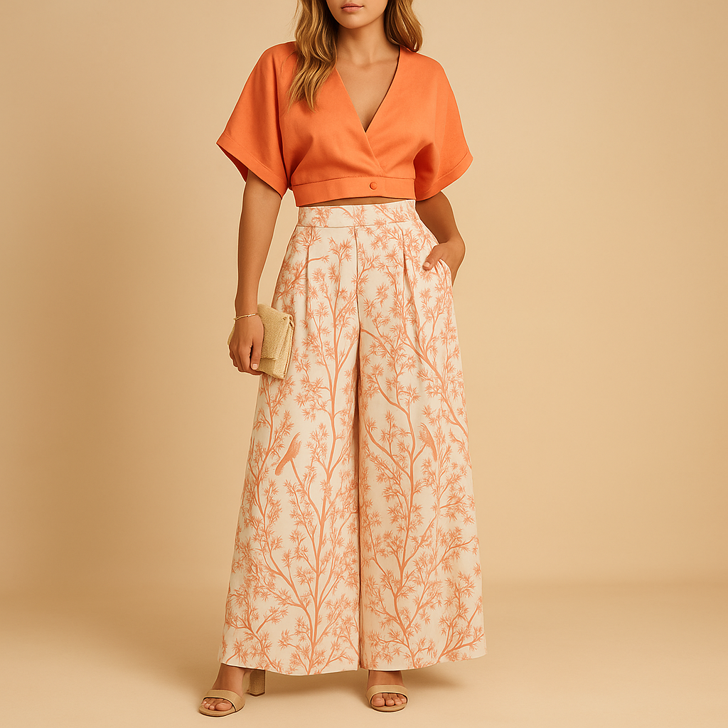 Women’s floral summer set with top and wide-leg pants, ideal for beach parties, city trips, festivals, or casual summer days.