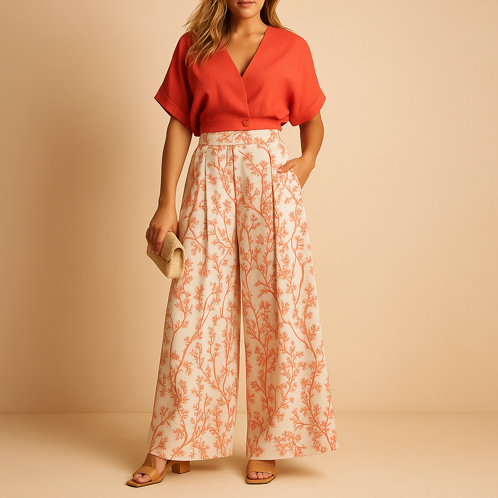 Women’s floral summer set with top and wide-leg pants, ideal for beach parties, city trips, festivals, or casual summer days.