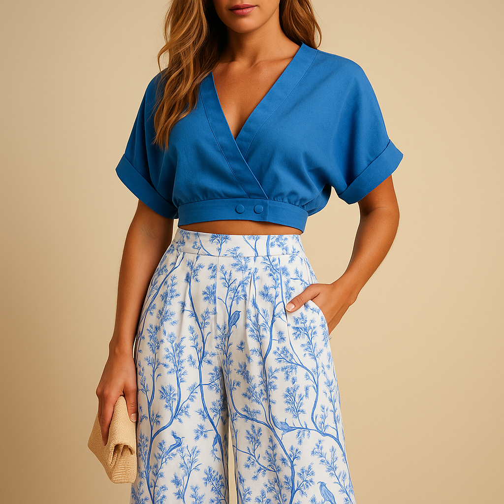Women’s floral summer set with top and wide-leg pants, ideal for beach parties, city trips, festivals, or casual summer days.