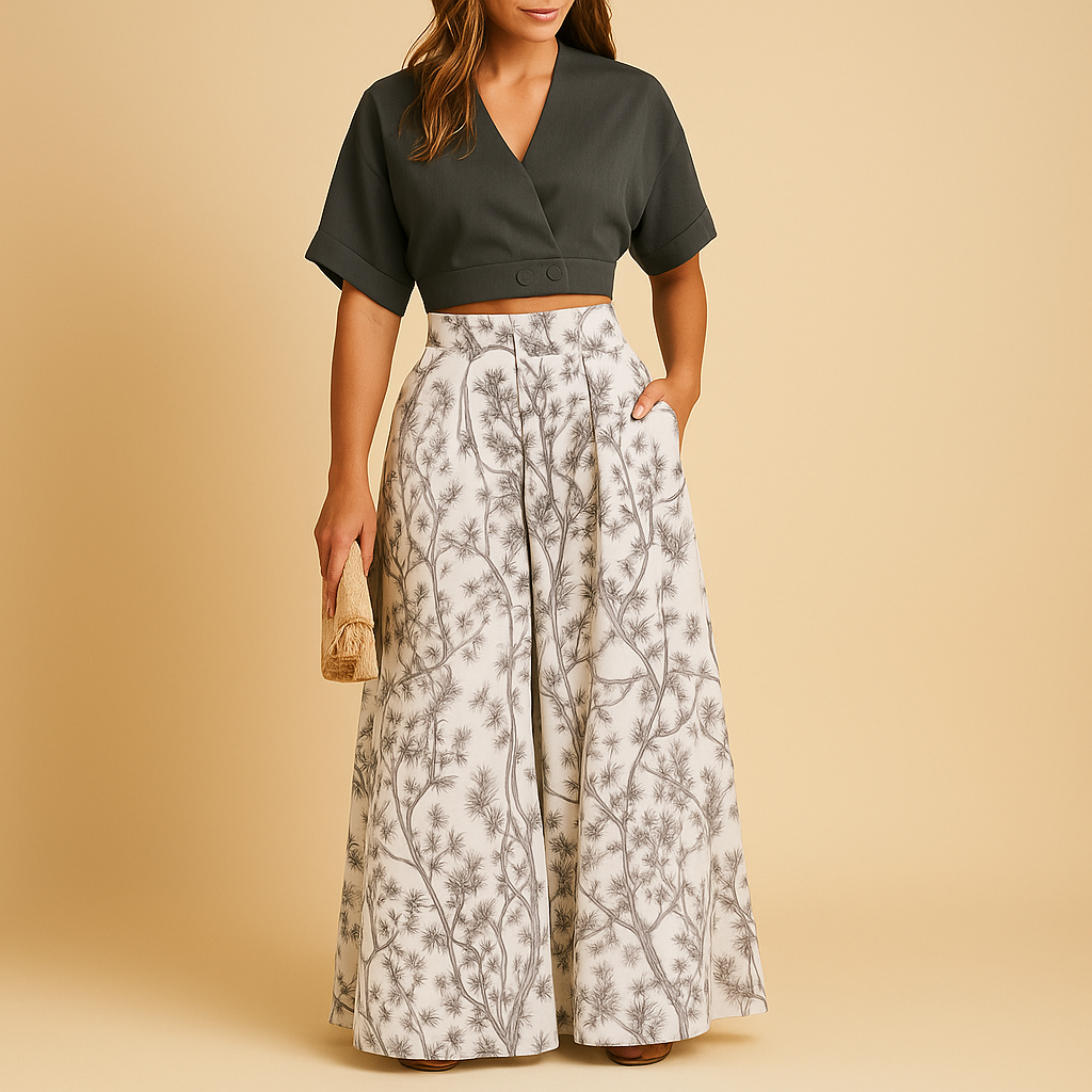 Women’s floral summer set with top and wide-leg pants, ideal for beach parties, city trips, festivals, or casual summer days.
