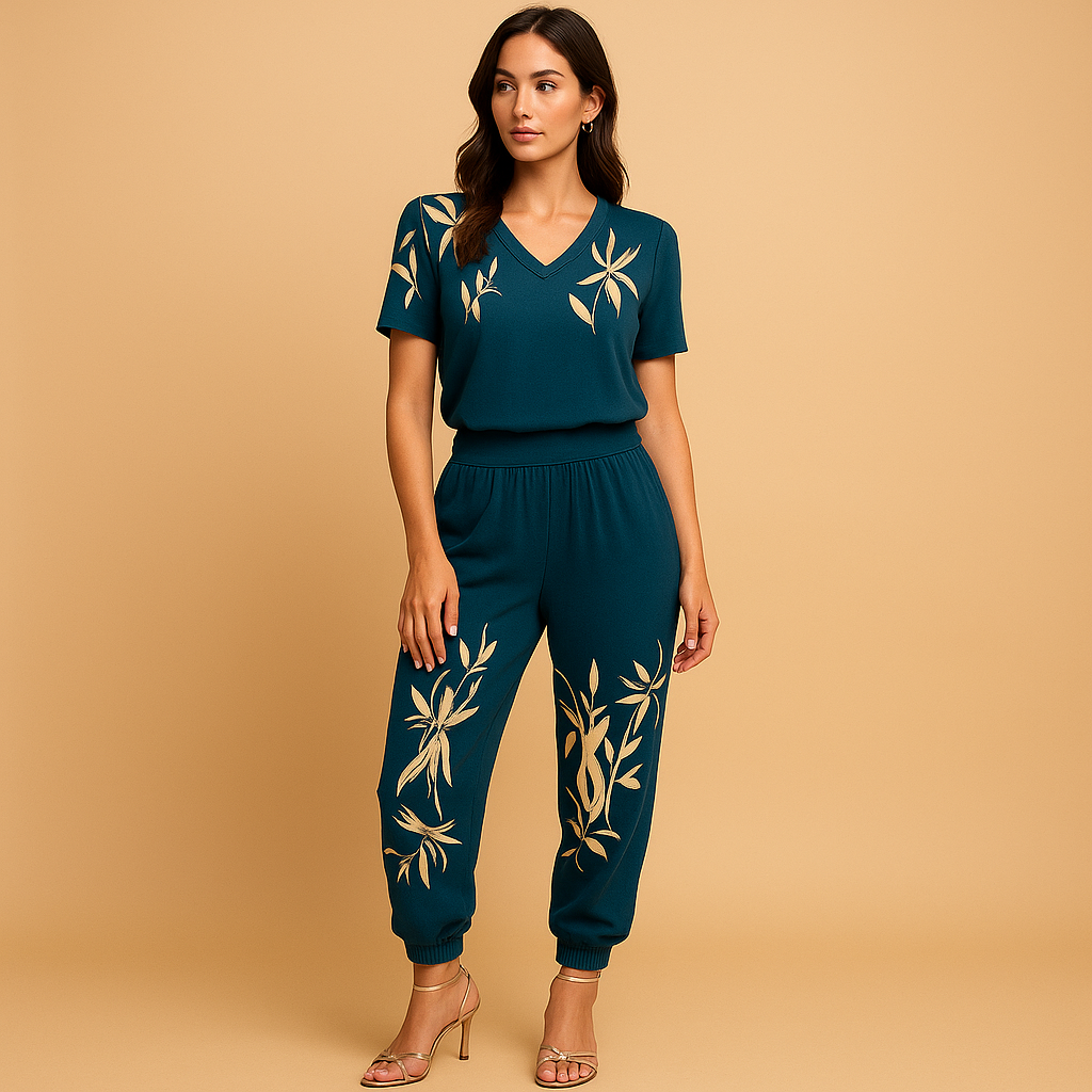 Women’s floral two-piece set with top and matching pants, ideal for everyday wear, casual outings, or special occasions.