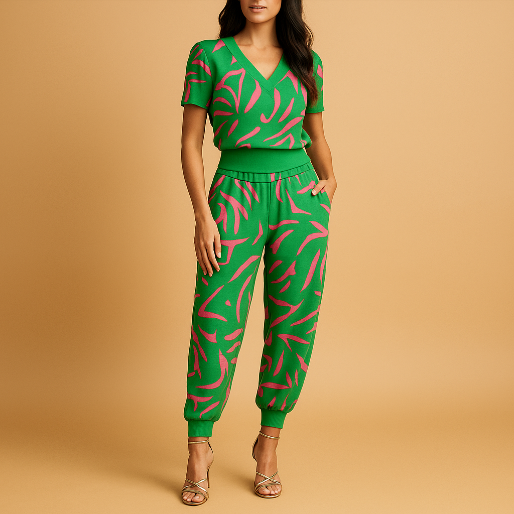 Women’s floral two-piece set with top and matching pants, ideal for everyday wear, casual outings, or special occasions.