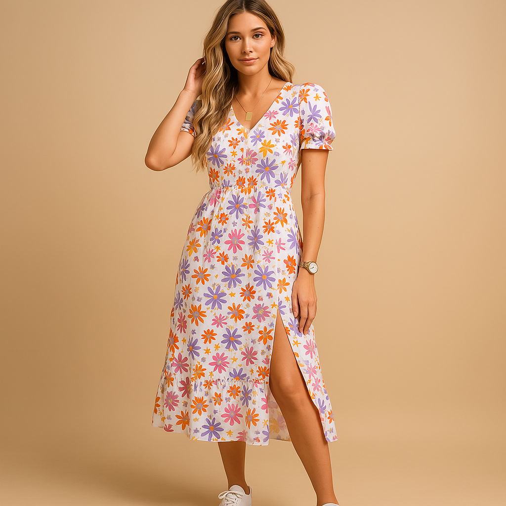 Flowy printed maxi dress for women with V-neckline and side slit, perfect for summer holidays, beach days, and casual events.