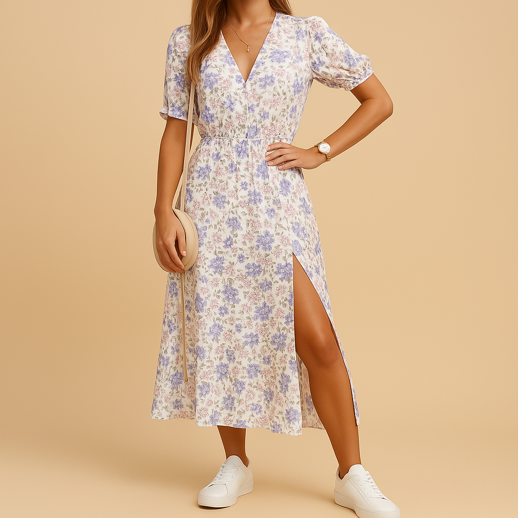 Flowy printed maxi dress for women with V-neckline and side slit, perfect for summer holidays, beach days, and casual events.