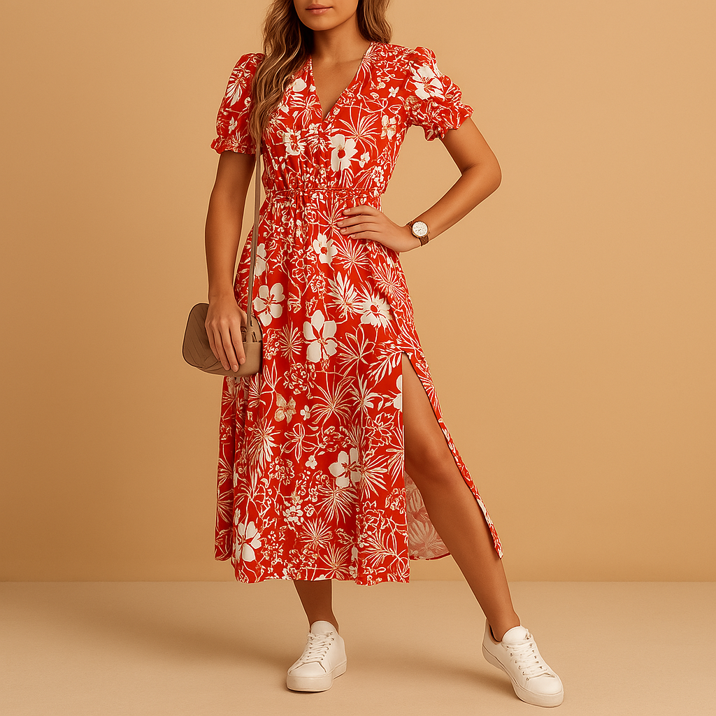 Flowy printed maxi dress for women with V-neckline and side slit, perfect for summer holidays, beach days, and casual events.