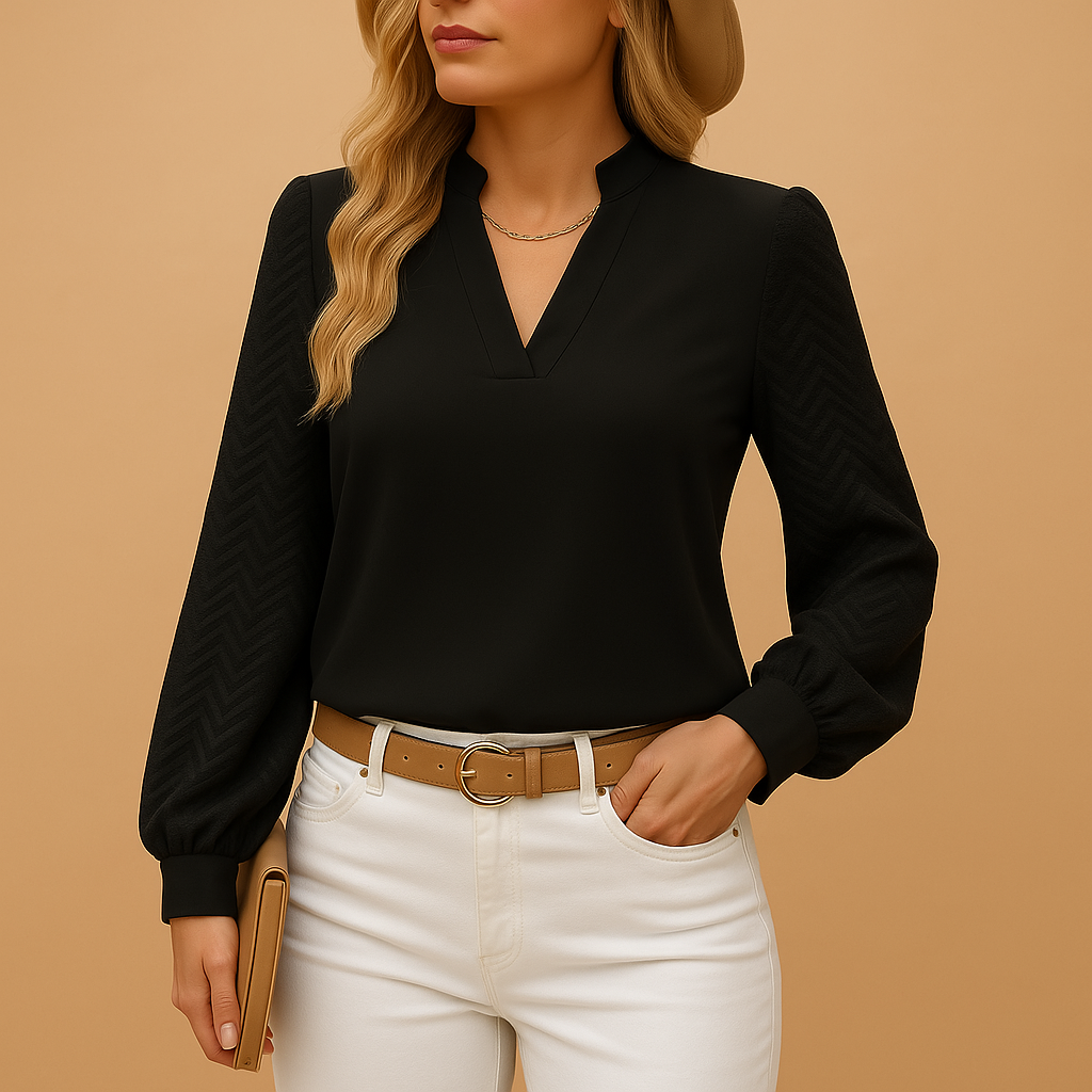 Women’s flowy V-neck top with elegant cut and soft fabric, perfect for work, casual outings, and all-season wear.