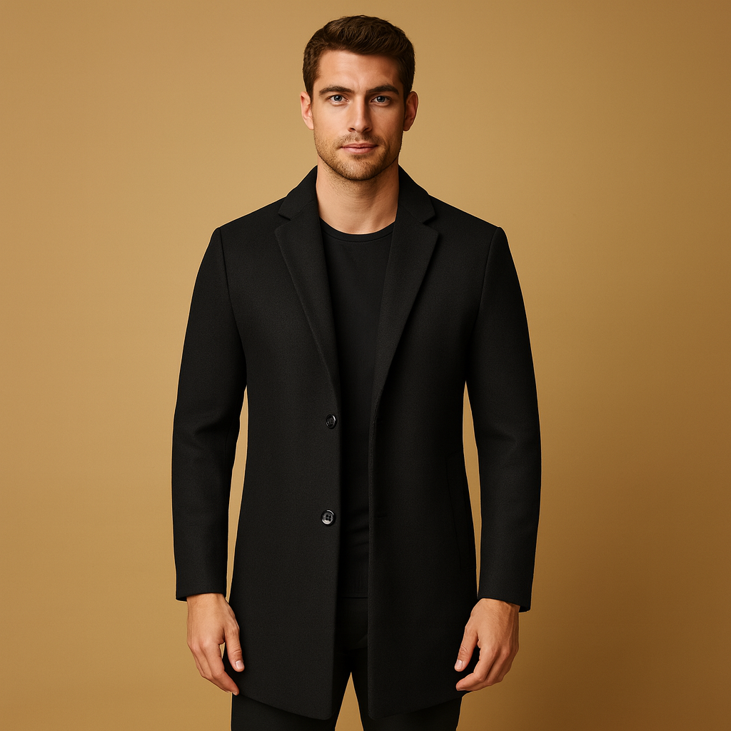 Men’s formal winter coat with classic long fit and modern tailored cut, warm and wind-resistant for autumn, winter, business, or daily wear.