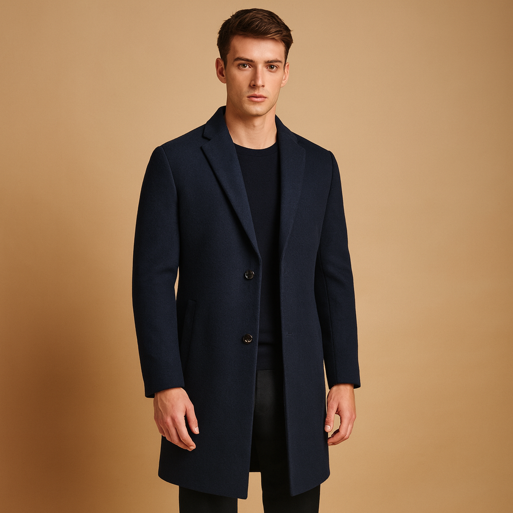 Men’s formal winter coat with classic long fit and modern tailored cut, warm and wind-resistant for autumn, winter, business, or daily wear.
