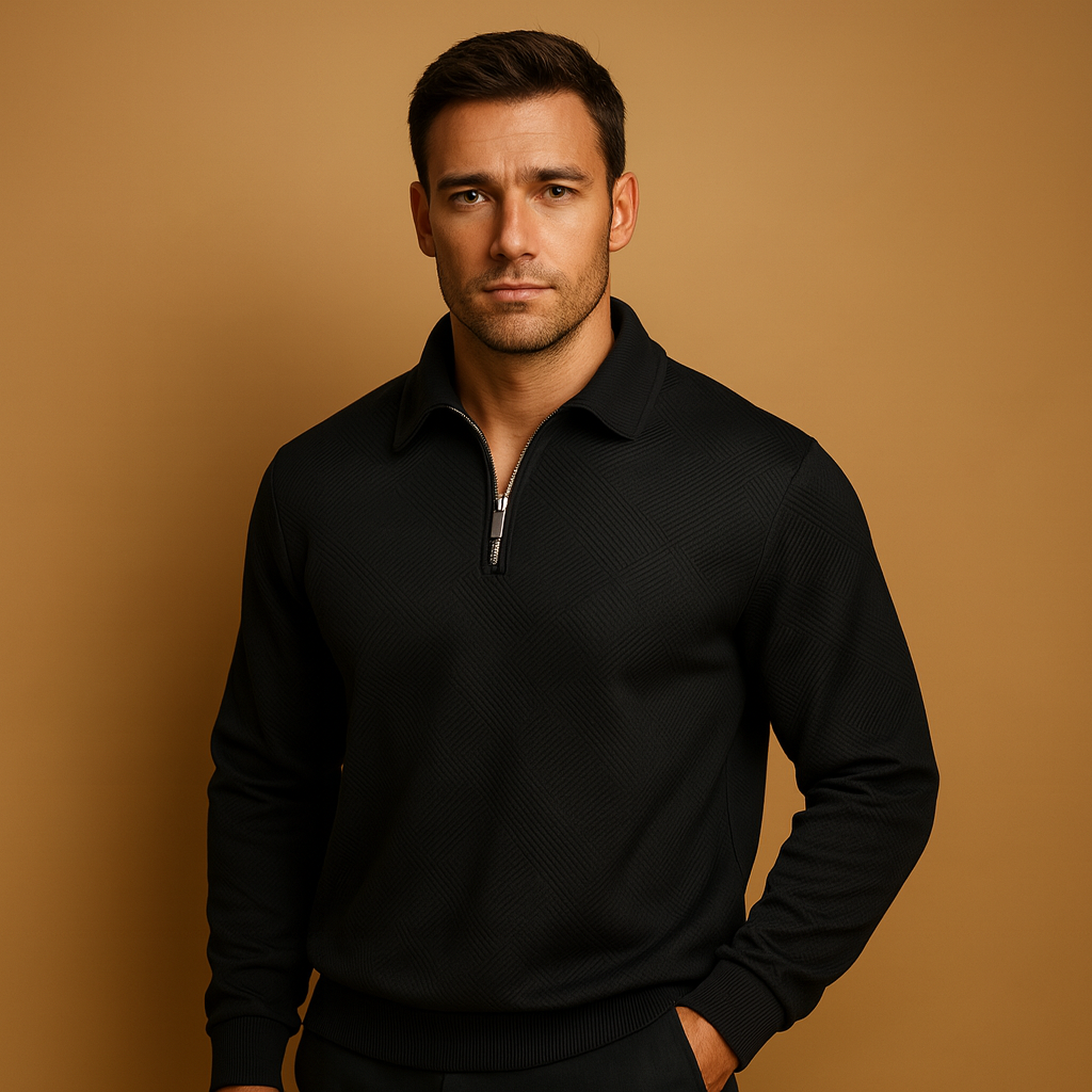 Geometric quarter-zip polo sweater for men with soft fabric and modern pattern, ideal for casual or workwear in autumn and winter.