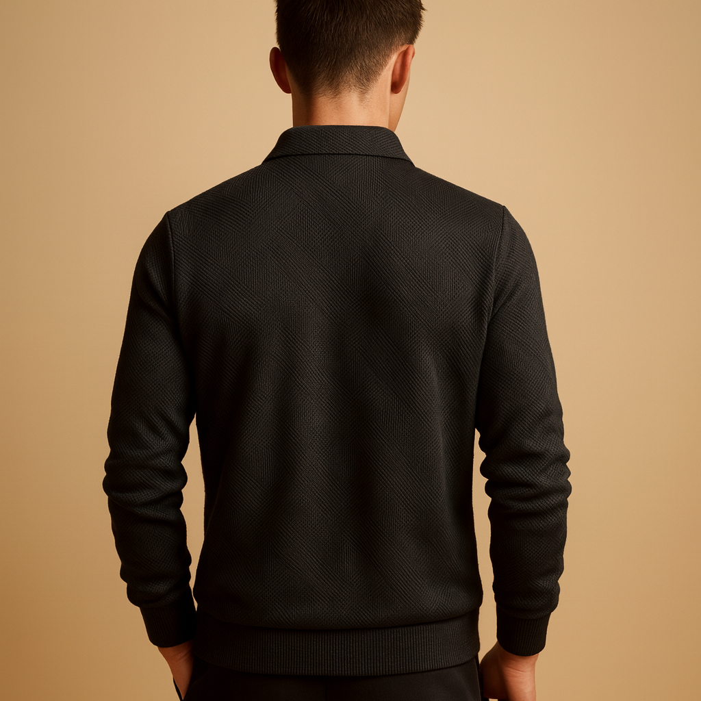 Geometric quarter-zip polo sweater for men with soft fabric and modern pattern, ideal for casual or workwear in autumn and winter.