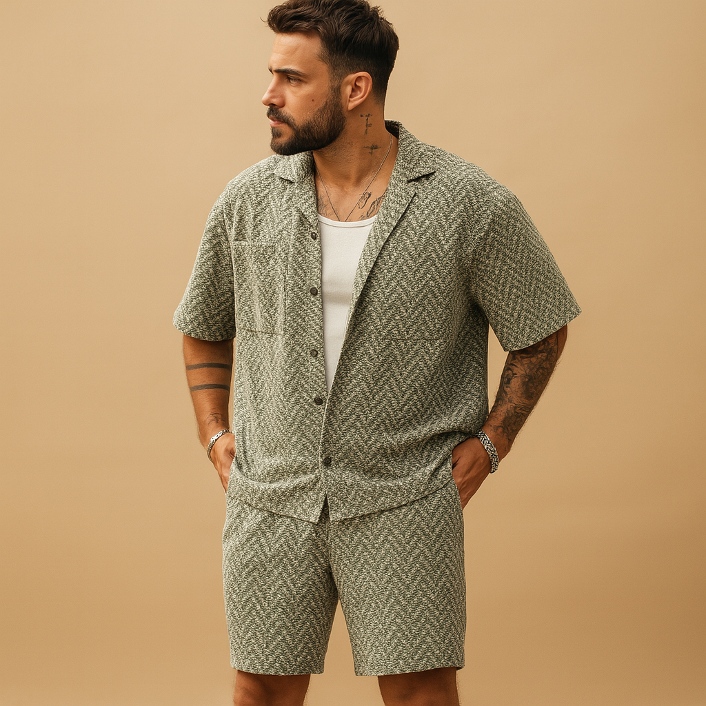 Men’s geometric summer set with short-sleeved shirt and elastic shorts, relaxed fit, available in Blue, Beige, and White. Perfect for holidays and casual days.
