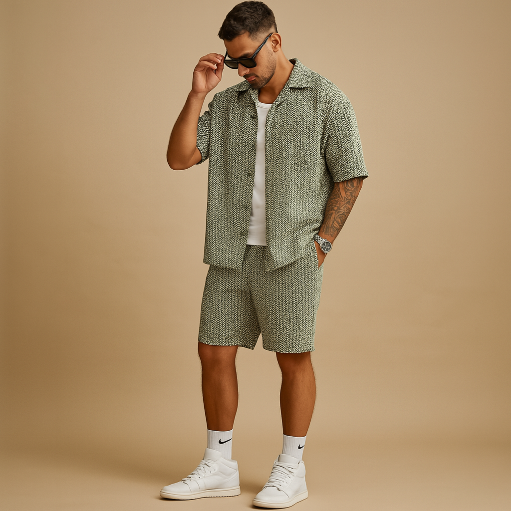 Men’s geometric summer set with short-sleeved shirt and elastic shorts, relaxed fit, available in Blue, Beige, and White. Perfect for holidays and casual days.