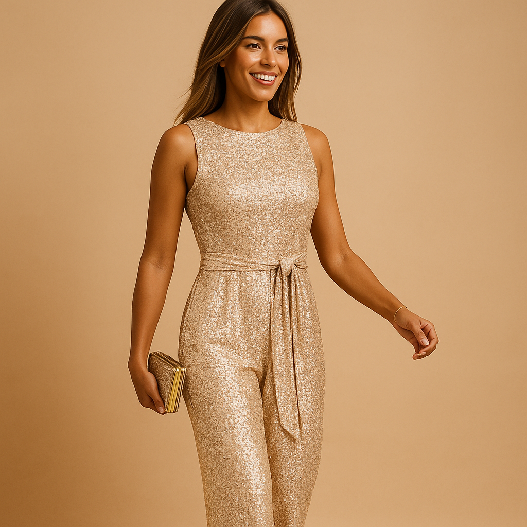Elegant sequin jumpsuit for women with a slim fit and sleeveless design, perfect for parties, galas, and festive evenings.