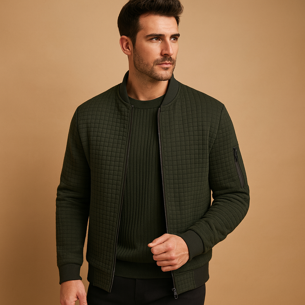 Men’s half zip cable knit jumper with classic pattern, perfect for autumn and winter casual or semi-formal outfits.