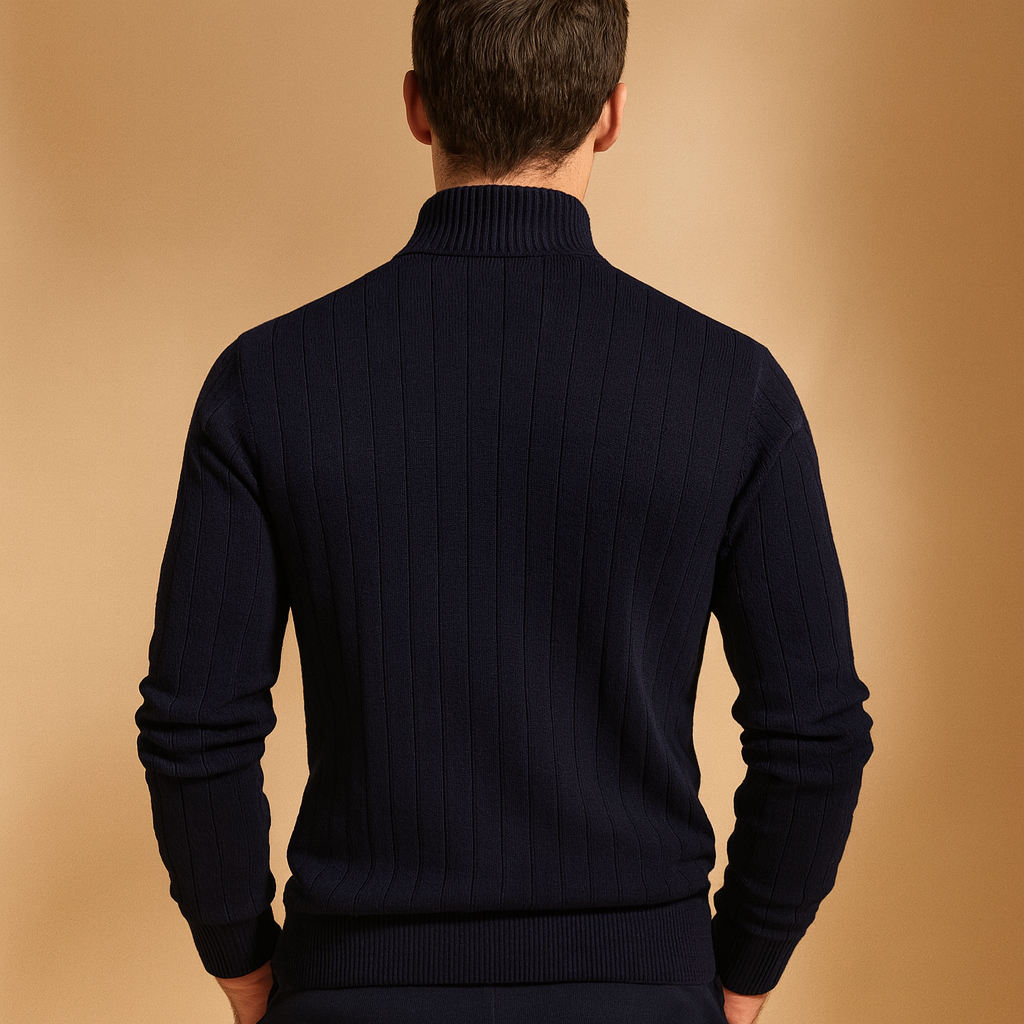 Men’s half zip knitted jumper with high collar and slim fit, perfect for casual and refined autumn or winter outfits.