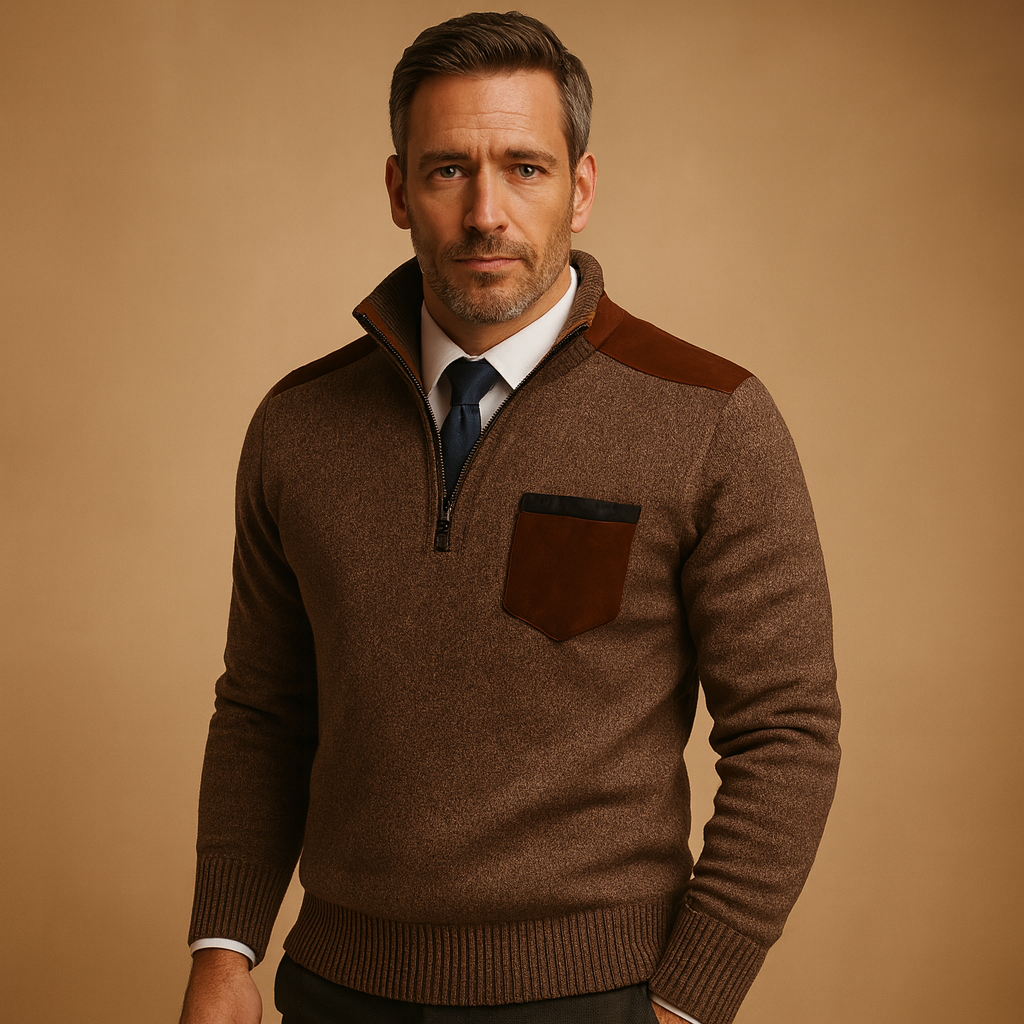 Half-zip pullover for men with adjustable collar and chest pocket, designed for warmth and versatility during autumn and winter.