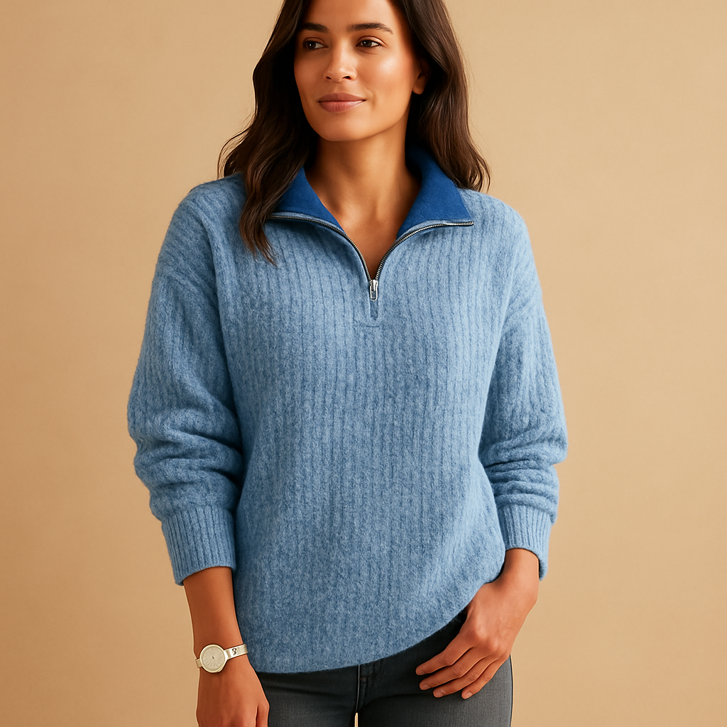 Women’s half zip sweater with chic collar in khaki, gray, blue, and black, featuring a soft breathable fabric and regular fit for stylish comfort.