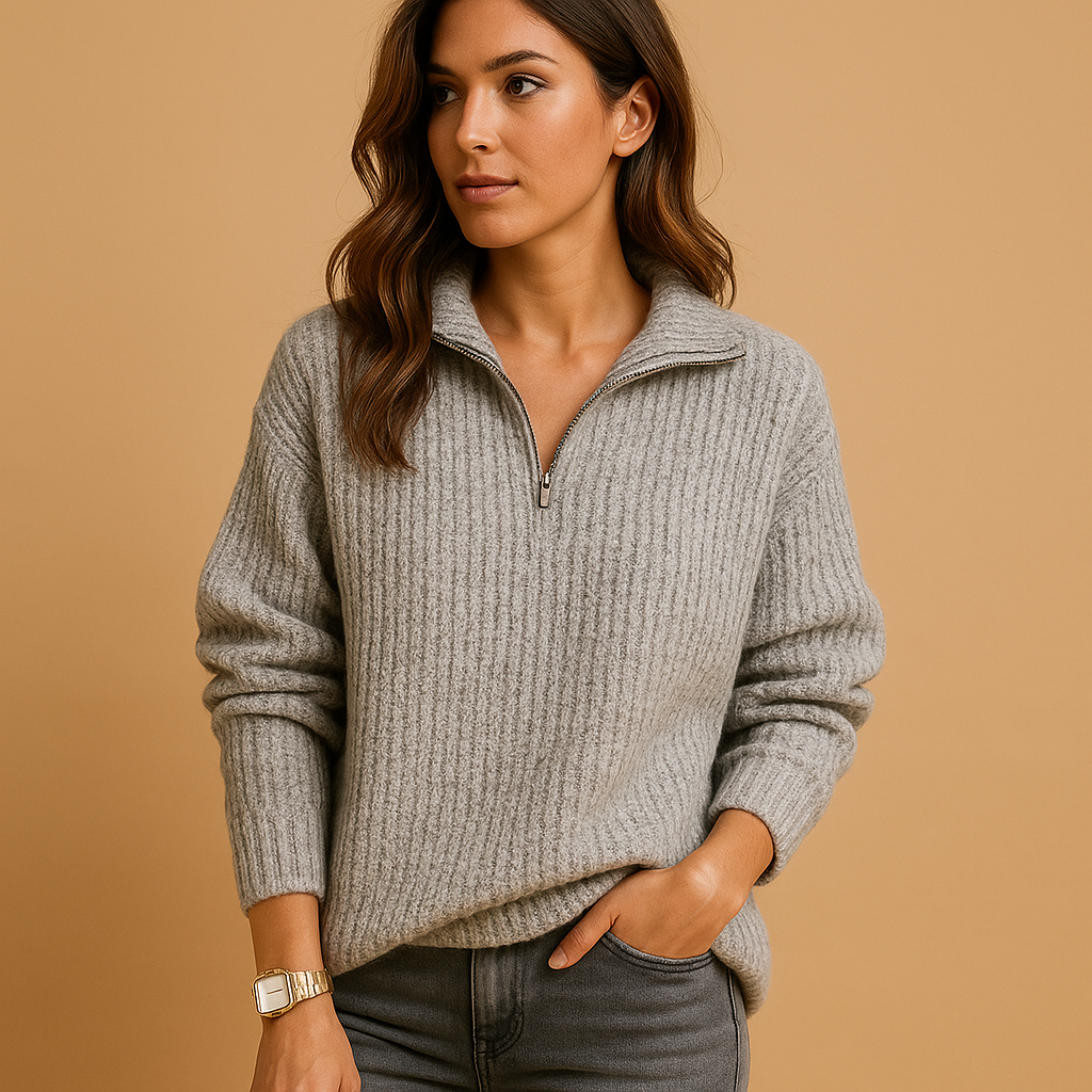 Women’s half zip sweater with chic collar in khaki, gray, blue, and black, featuring a soft breathable fabric and regular fit for stylish comfort.