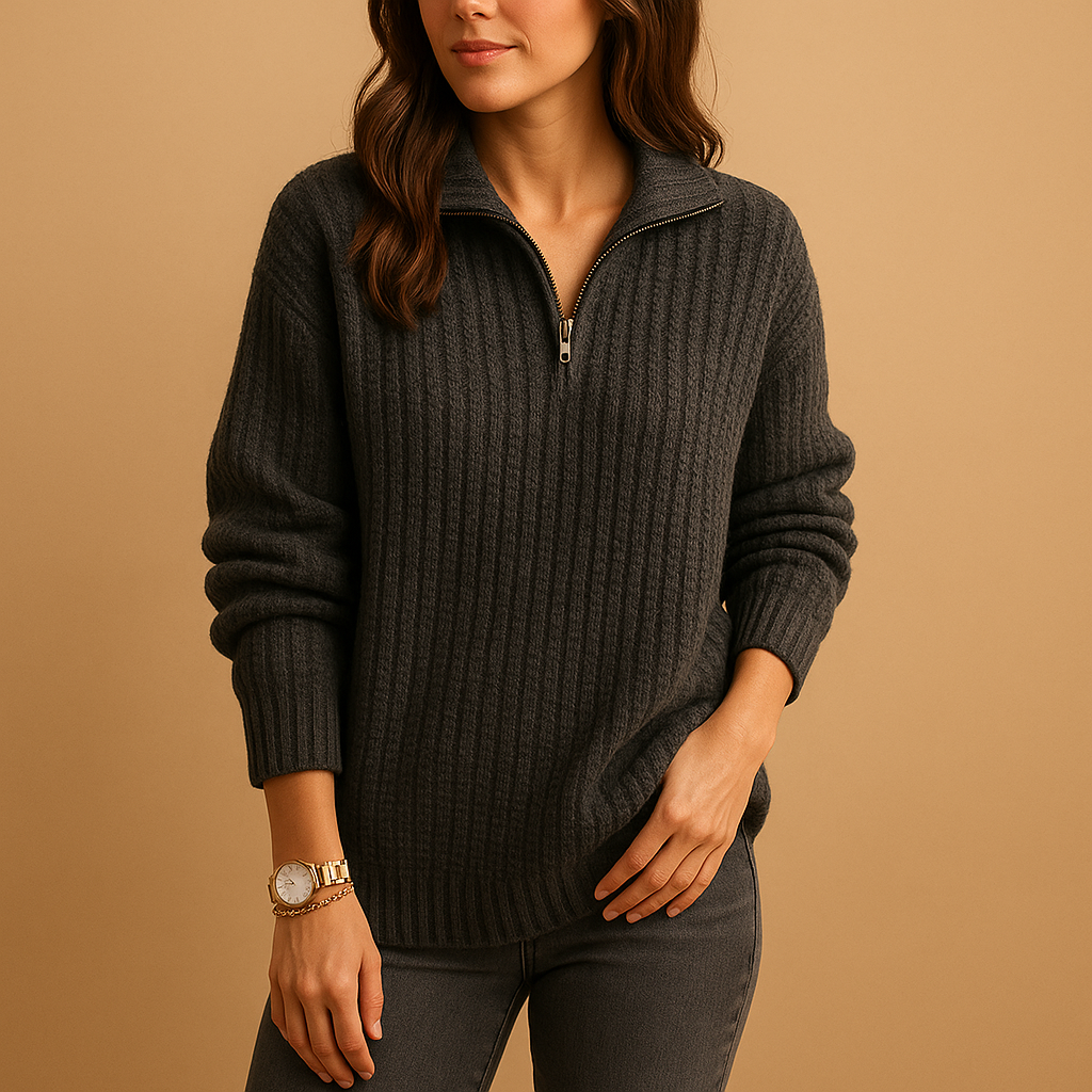 Women’s half zip sweater with chic collar in khaki, gray, blue, and black, featuring a soft breathable fabric and regular fit for stylish comfort.