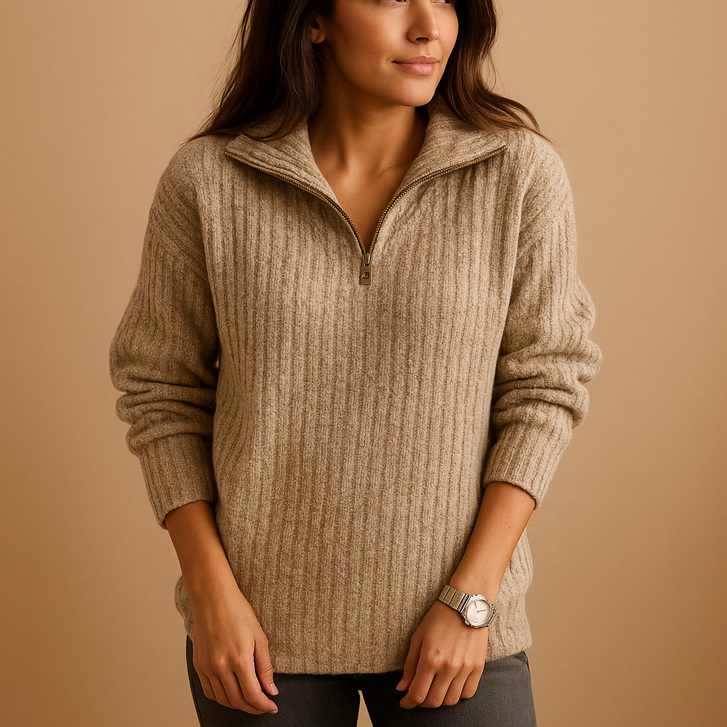 Women’s half zip sweater with chic collar in khaki, gray, blue, and black, featuring a soft breathable fabric and regular fit for stylish comfort.