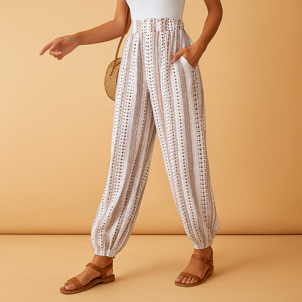 High-waist boho trousers for women with a loose airy fit and flattering waistband, available in multiple colours for summer and casual-chic outfits.