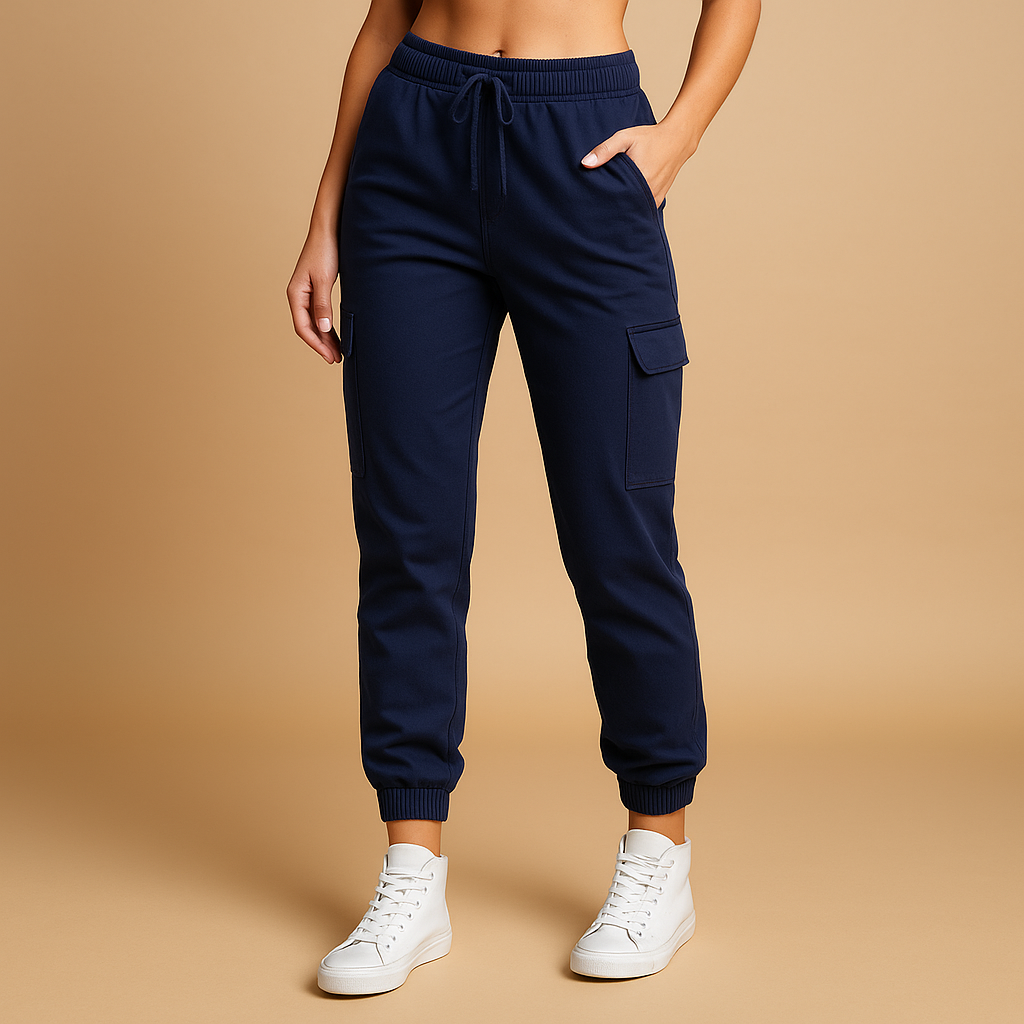 Women’s high waist cargo pants with slim fit and stretch fabric, featuring functional cargo pockets. Perfect for daily, casual, and semi-formal outfits.