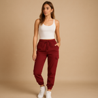 Women’s high waist cargo pants with slim fit and stretch fabric, featuring functional cargo pockets. Perfect for daily, casual, and semi-formal outfits.