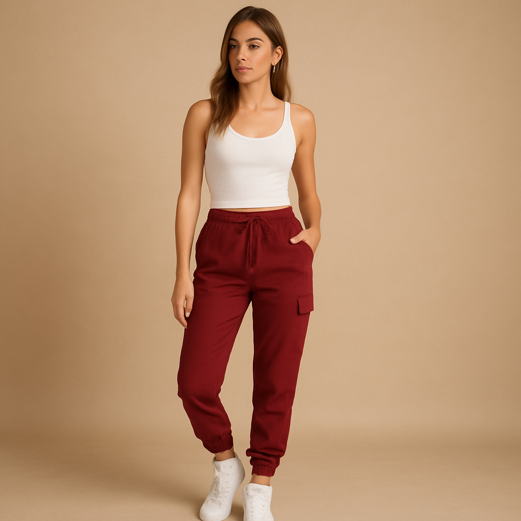 Women’s high waist cargo pants with slim fit and stretch fabric, featuring functional cargo pockets. Perfect for daily, casual, and semi-formal outfits.