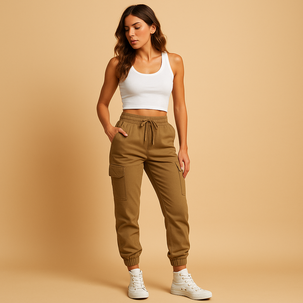 Women’s high waist cargo pants with slim fit and stretch fabric, featuring functional cargo pockets. Perfect for daily, casual, and semi-formal outfits.