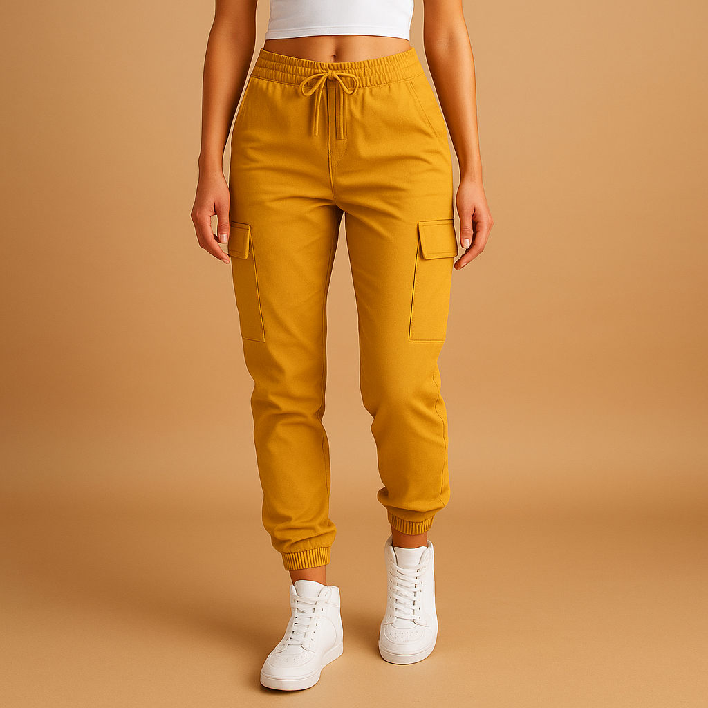 Women’s high waist cargo pants with slim fit and stretch fabric, featuring functional cargo pockets. Perfect for daily, casual, and semi-formal outfits.