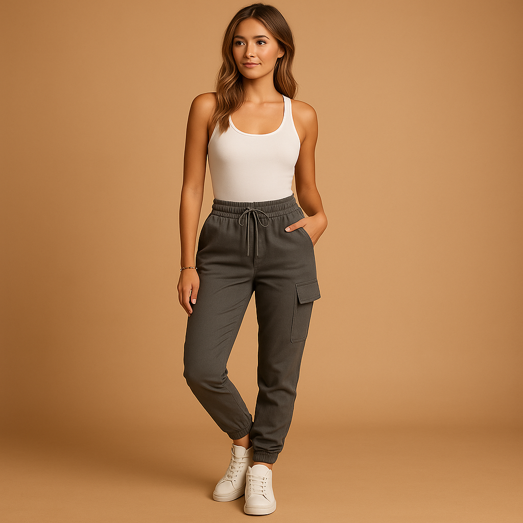Women’s high waist cargo pants with slim fit and stretch fabric, featuring functional cargo pockets. Perfect for daily, casual, and semi-formal outfits.