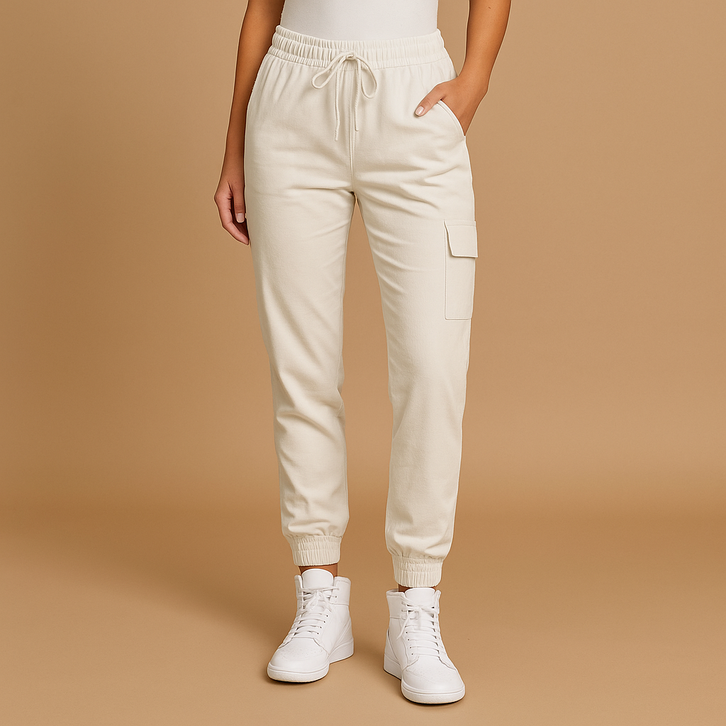 Women’s high waist cargo pants with slim fit and stretch fabric, featuring functional cargo pockets. Perfect for daily, casual, and semi-formal outfits.