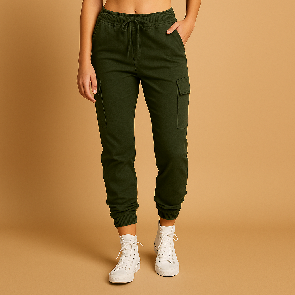 Women’s high waist cargo pants with slim fit and stretch fabric, featuring functional cargo pockets. Perfect for daily, casual, and semi-formal outfits.