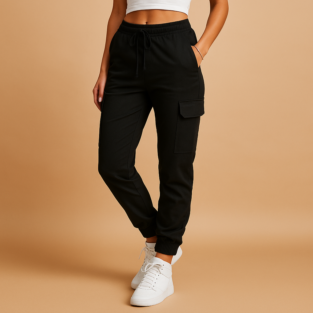 Women’s high waist cargo pants with slim fit and stretch fabric, featuring functional cargo pockets. Perfect for daily, casual, and semi-formal outfits.