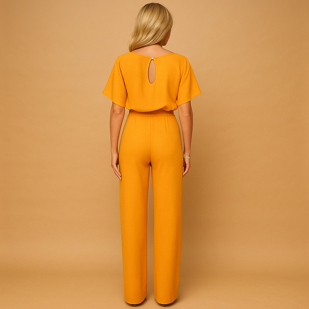 Women’s high-waist elegant jumpsuit with tie detail, available in black, navy, yellow, and apricot, perfect for work or evening wear.