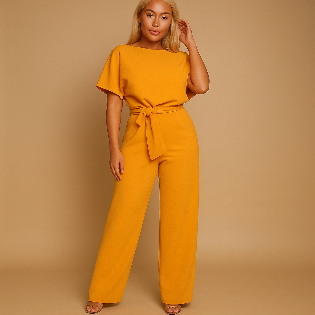 Women’s high-waist elegant jumpsuit with tie detail, available in black, navy, yellow, and apricot, perfect for work or evening wear.
