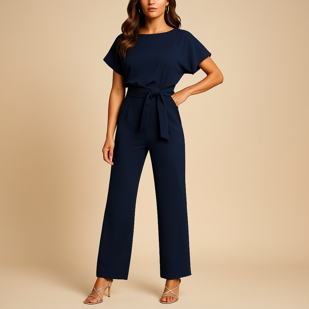 Women’s high-waist elegant jumpsuit with tie detail, available in black, navy, yellow, and apricot, perfect for work or evening wear.