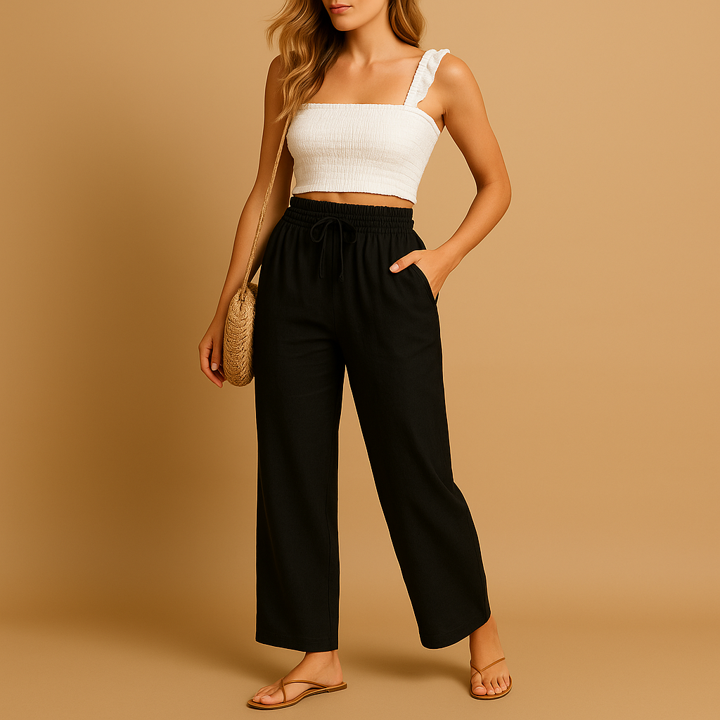 High-waist lounge trousers for women with a relaxed straight-leg fit, lightweight fabric, and multiple colour options for casual or lounge outfits.