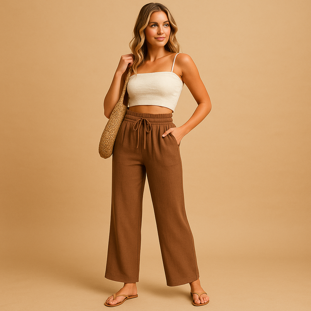 High-waist lounge trousers for women with a relaxed straight-leg fit, lightweight fabric, and multiple colour options for casual or lounge outfits.
