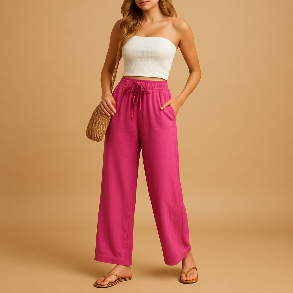 High-waist lounge trousers for women with a relaxed straight-leg fit, lightweight fabric, and multiple colour options for casual or lounge outfits.