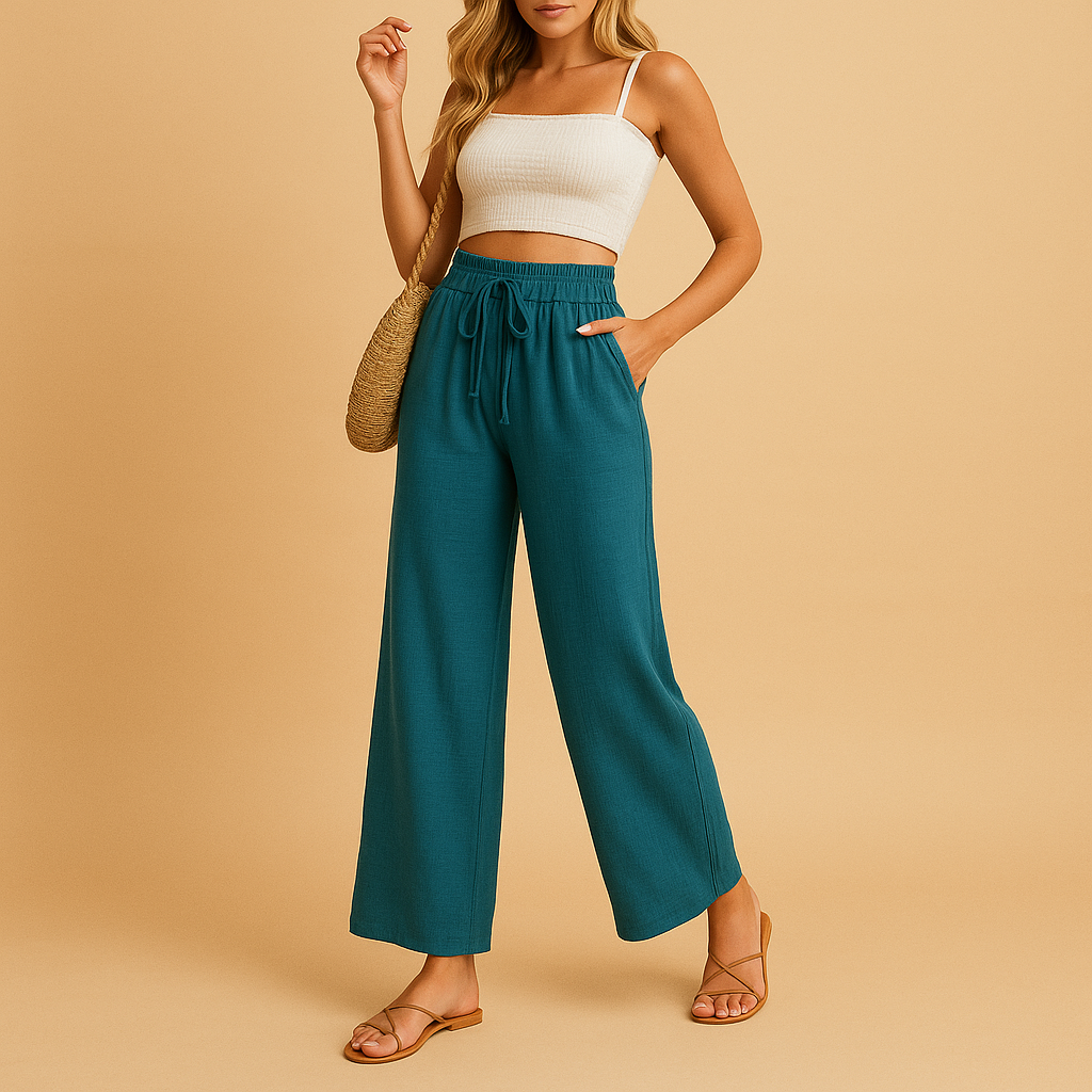 High-waist lounge trousers for women with a relaxed straight-leg fit, lightweight fabric, and multiple colour options for casual or lounge outfits.