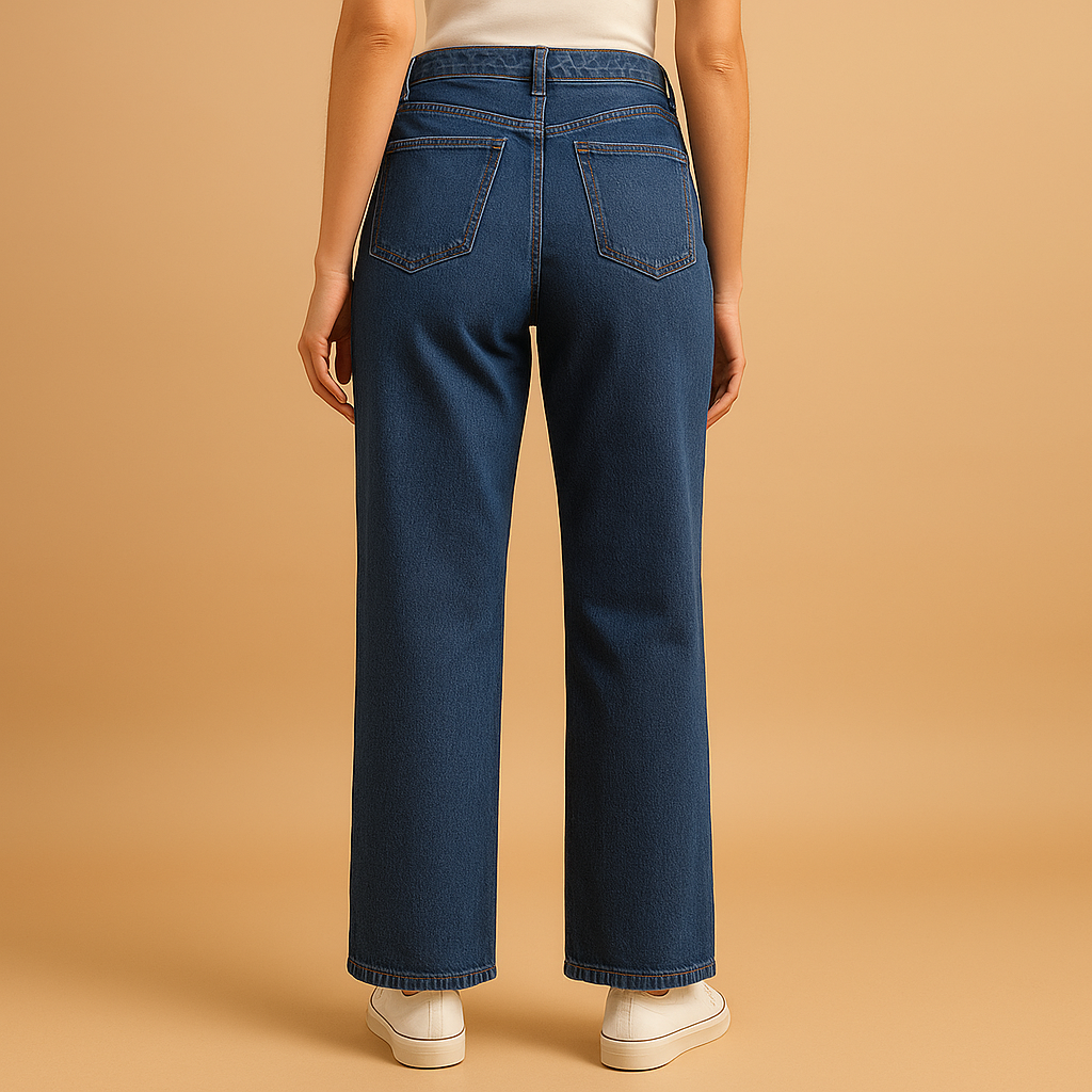 Women’s high-waist relaxed fit flared jeans in classic denim blue, designed for everyday comfort and a modern, laid-back look.