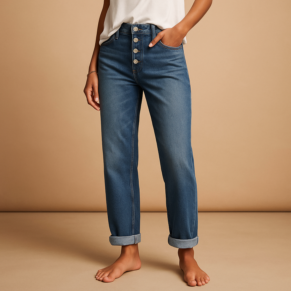 Women’s high-waist relaxed fit flared jeans in classic denim blue, designed for everyday comfort and a modern, laid-back look.