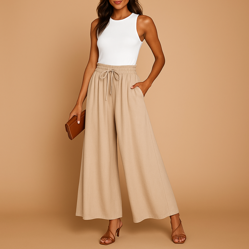 Women’s high-waist wide-leg trousers with elastic waistband and modern chic design, ideal for work, casual days, and elegant outfits.