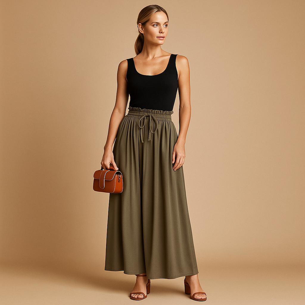 Women’s high-waist wide-leg trousers with elastic waistband and modern chic design, ideal for work, casual days, and elegant outfits.