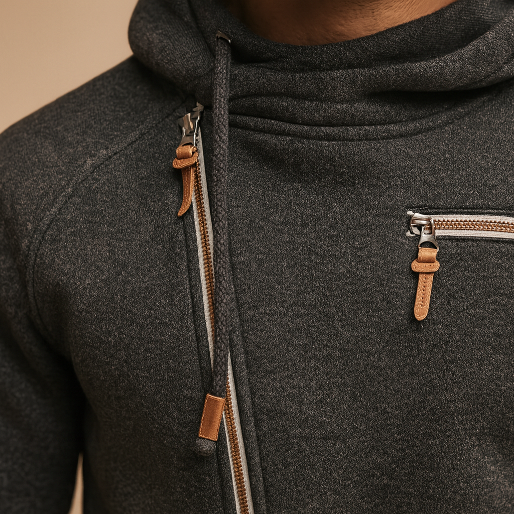Stylish hooded cardigan for men with front pockets and soft warm fabric, ideal for autumn and winter casual wear.